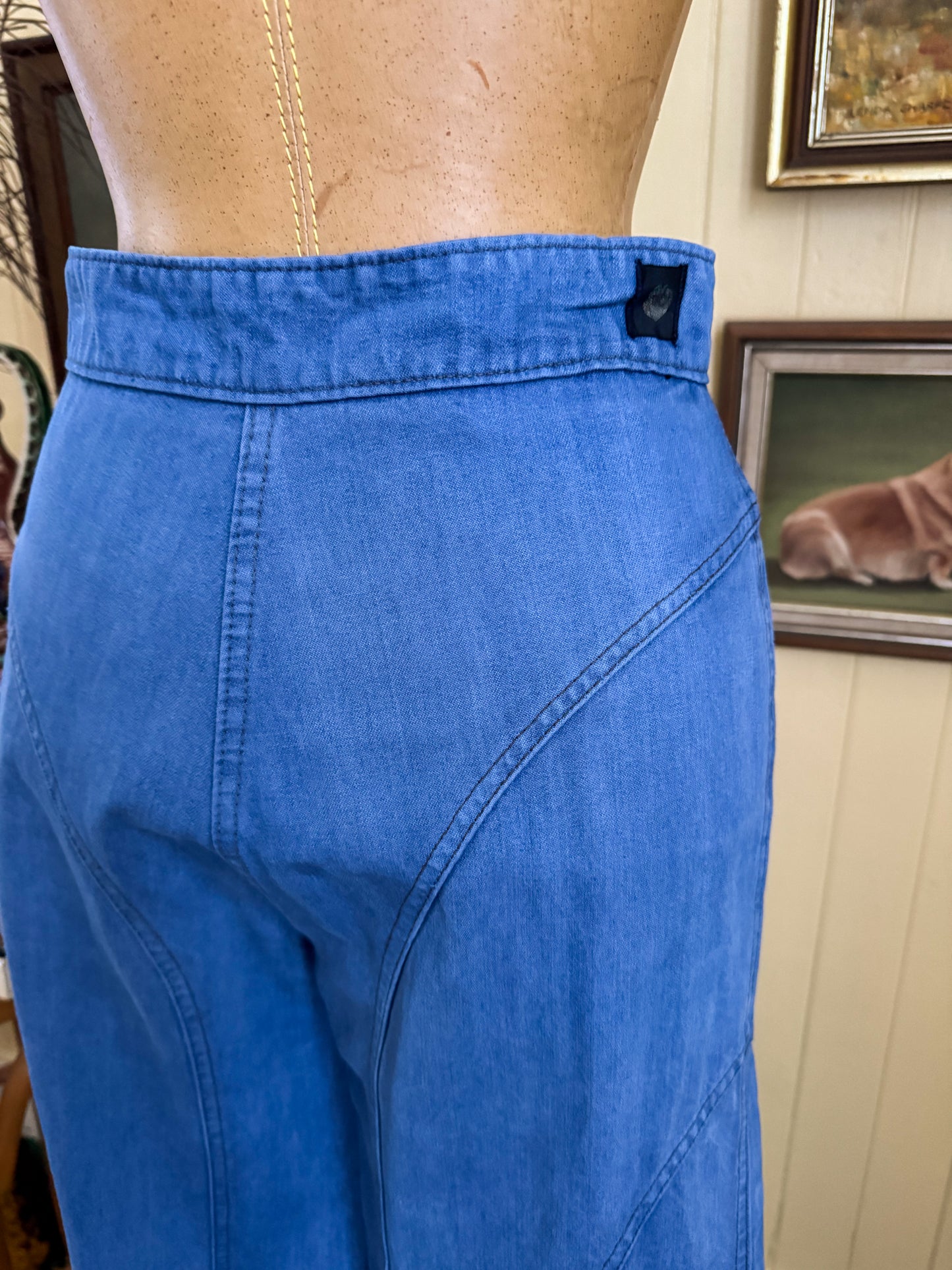 VINTAGE 1970S AMCO PEACHES HIGH WAIST PANELLED FLARE DENIM JEANS XS/S