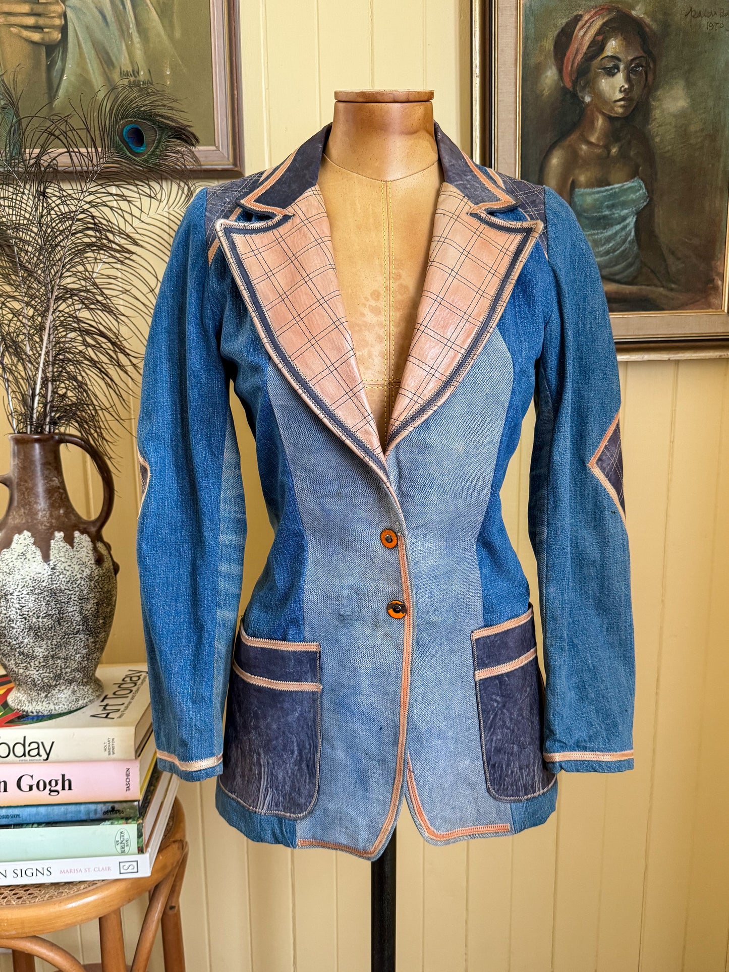 VINTAGE 1970S MIUZA FRANCE DENIM AND LEATHER BLAZER JACKET XS