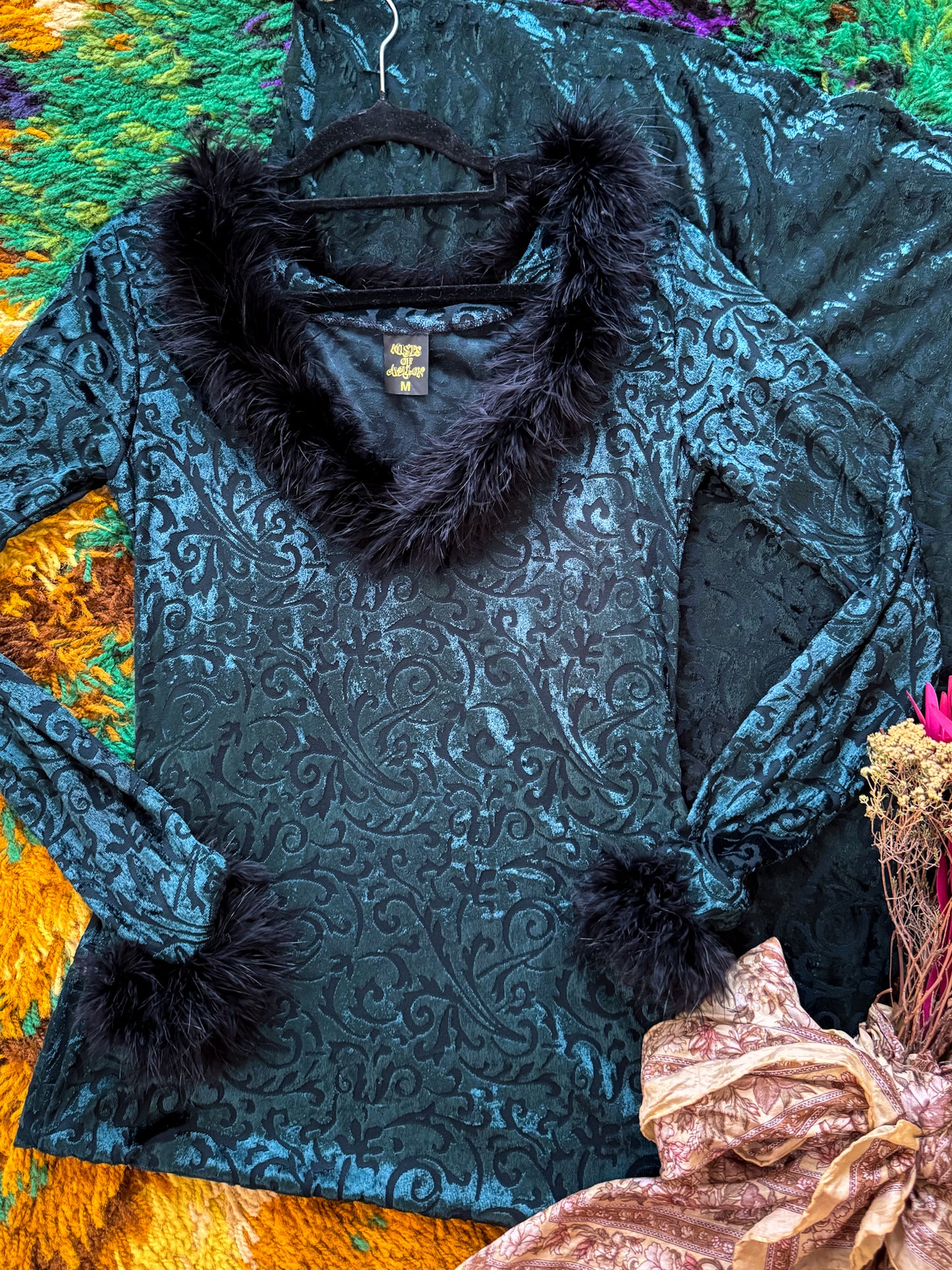 VINTAGE 1990S AUSTRALIAN MISTS OF AVALON VELVET BURNOUT FEATHER MAXI DRESS S/M