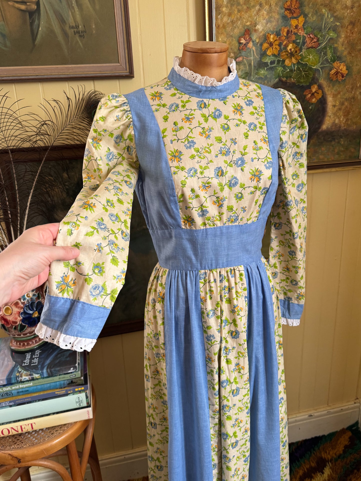 VINTAGE 1970S HANDMADE COTTONl VICTORIANA MAXI PRAIRIE DRESS XS