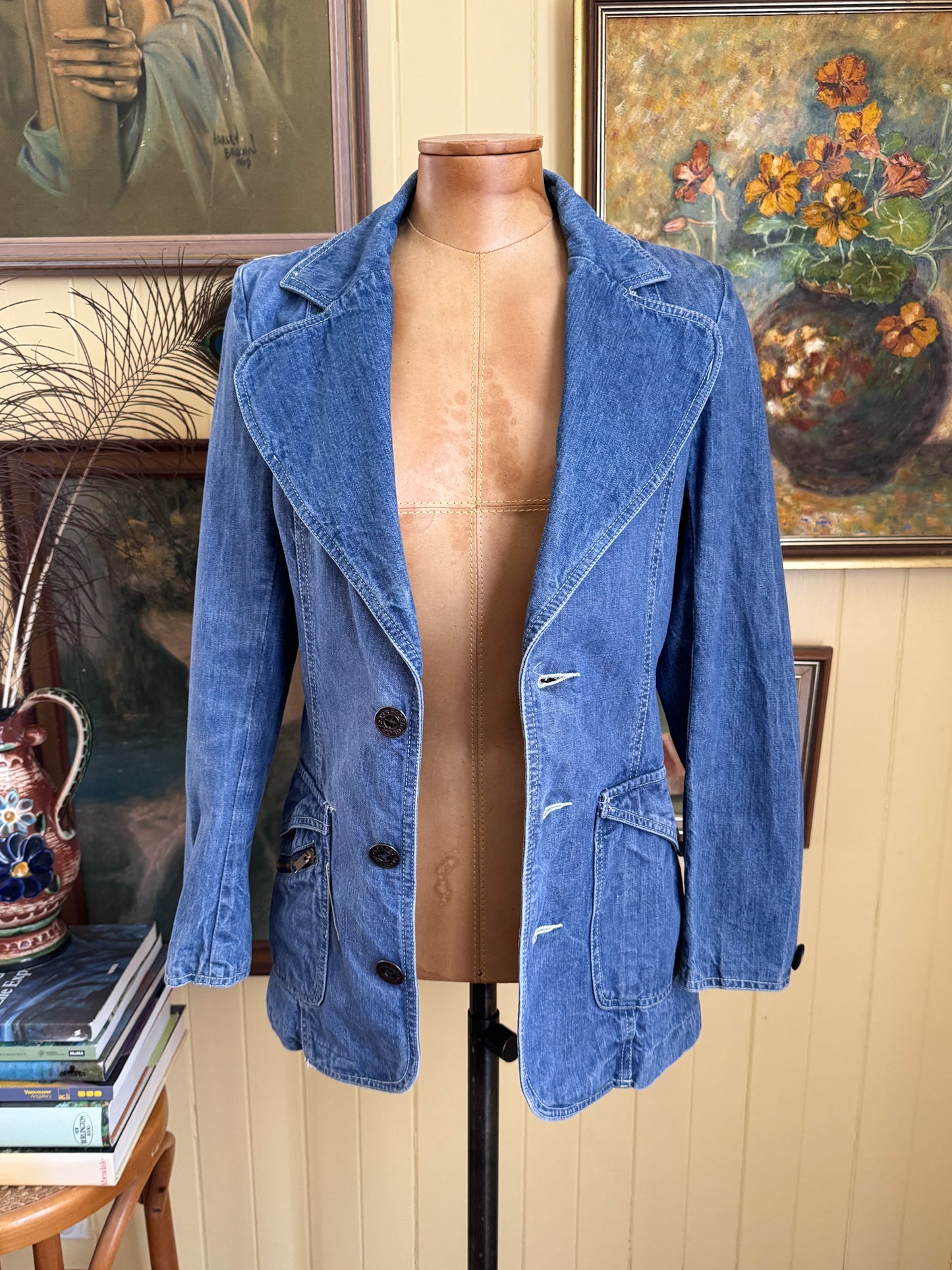 VINTAGE 1970S FADED GLORY COTTON DENIM FITTED BLAZER JACKET XS/S