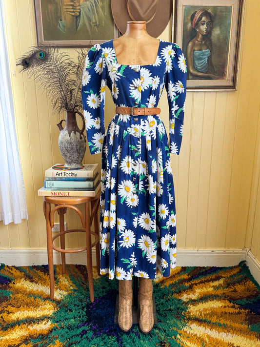 VINTAGE 1980S ASTRID PRIOR DAISY FLORAL PRINT PRAIRIE DRESS M