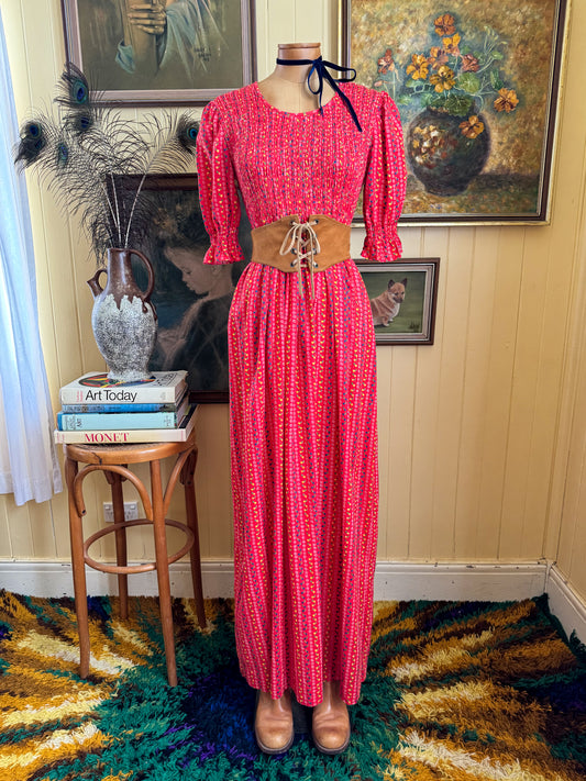 VINTAGE 1970S BON BON COTTON SHIRRED BUST FLORAL PRINT MAXI PEASANT DRESS M/L