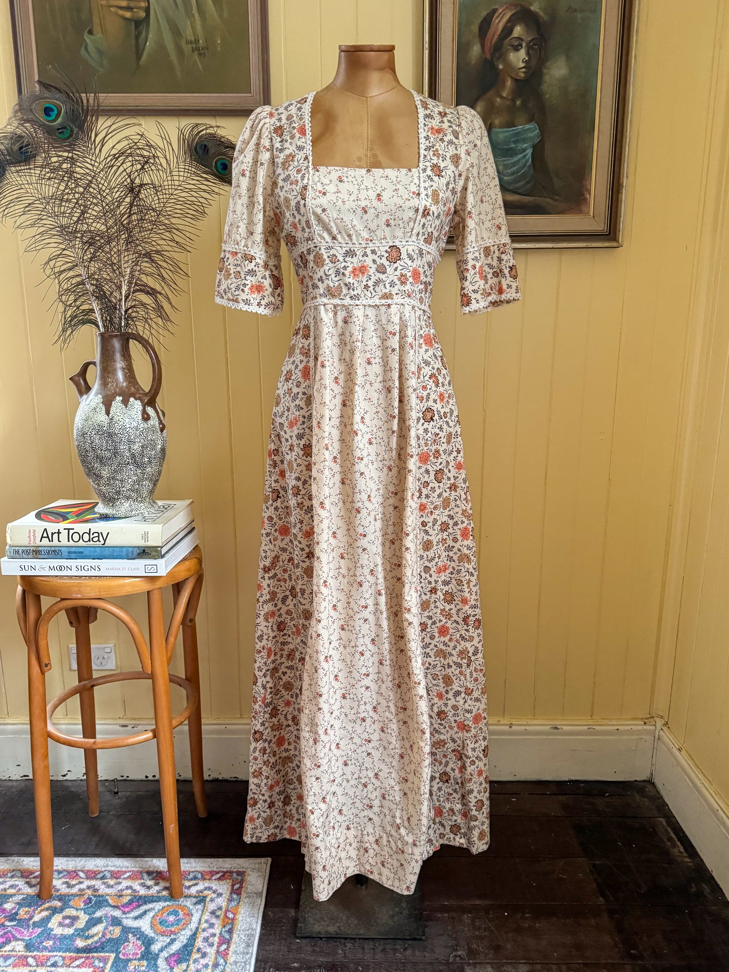 VINTAGE 1970S RICHARD SHOPS ENGLISH COTTON FLORAL MAXI PRAIRIE DRESS S