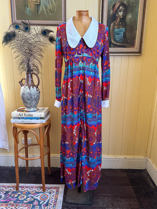 VINTAGE 1970S BINDI OF MELBOURNE PSYCHEDELIC COLLARED MAXI DRESS M