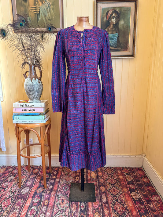 VINTAGE 1970S MAYUR INDIAN COTTON BLOCK PRINT MIDI DRESS M