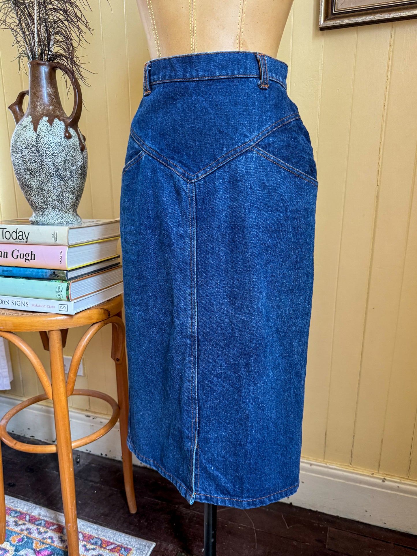 VINTAGE 1980S TRICK SHOT COTTON DENIM MIDI PENCIL SKIRT S