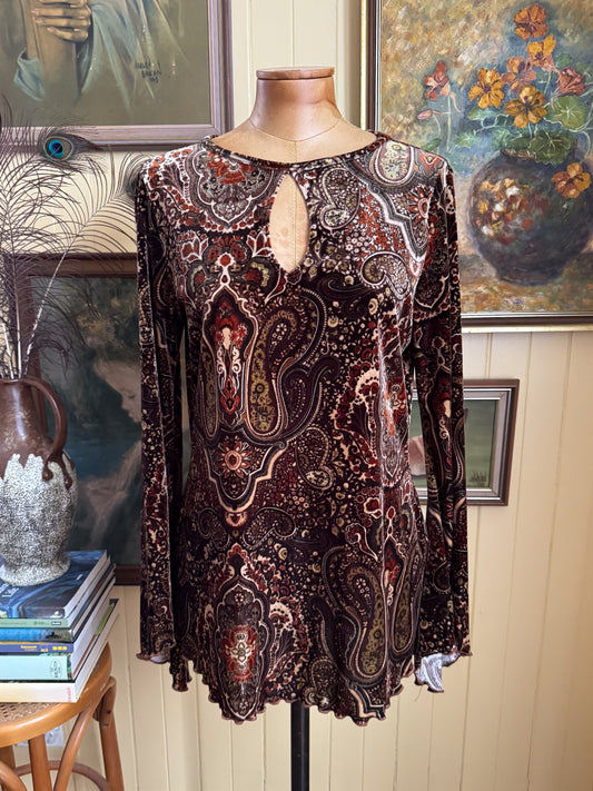 VINTAGE 1990S VELVET PAISLEY PRINT TRUMPET SLEEVE TUNIC TOP M