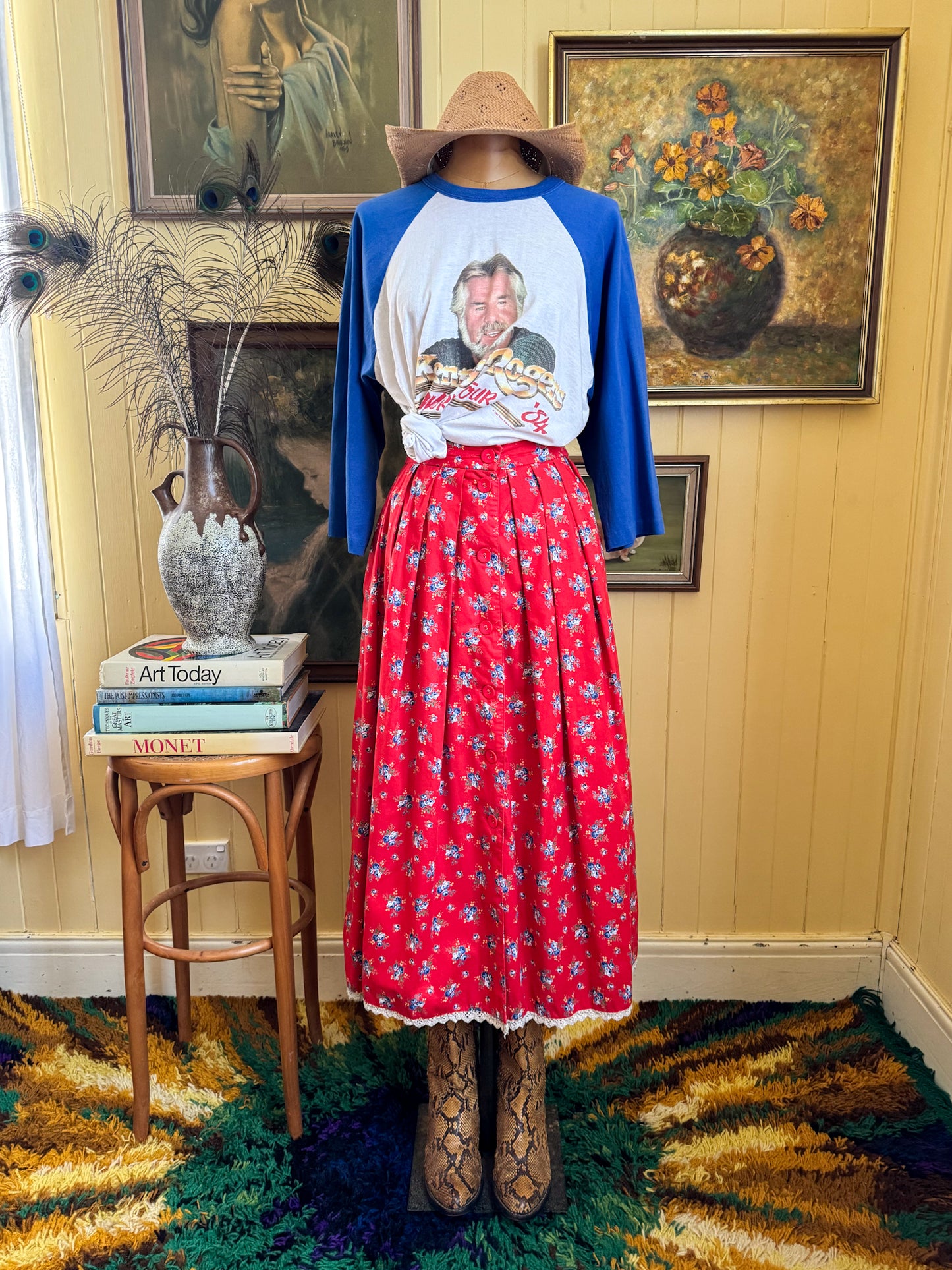 VINTAGE 1970S AUSTRIAN COTTON FLORAL PRINT RUFFLE LACE TRIM MIDI PEASANT SKIRT M