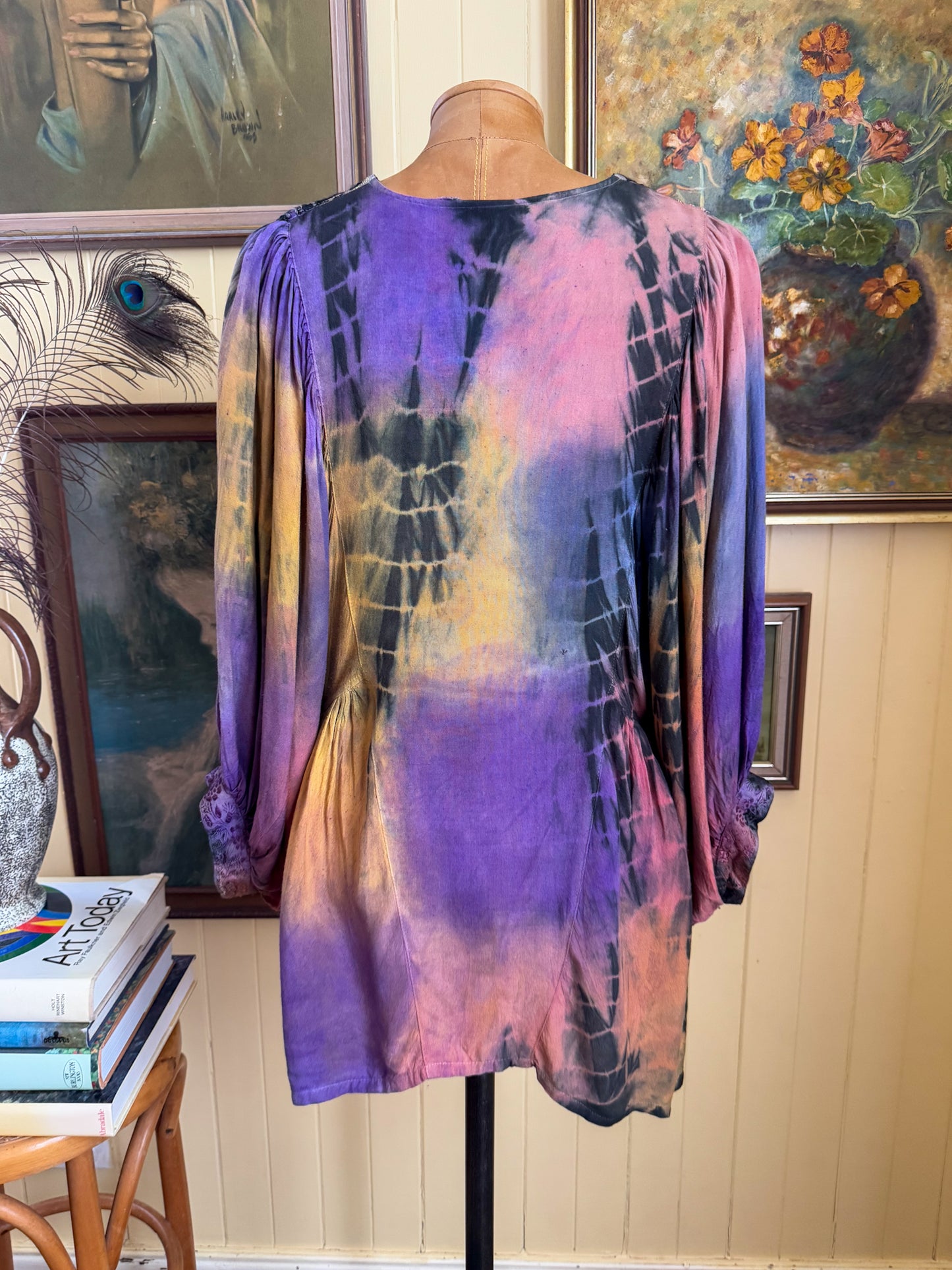 VINTAGE 1990S INDIAN VISCOSE TIE-DYE EMBROIDERED BALLOON SLEEVE TUNIC BLOUSE M