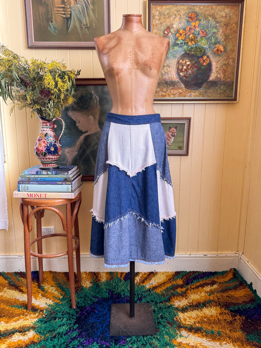 VINTAGE 1970S JC PENNEY COTTON DENIM PATCHWORK A-LINE MIDI SKIRT M