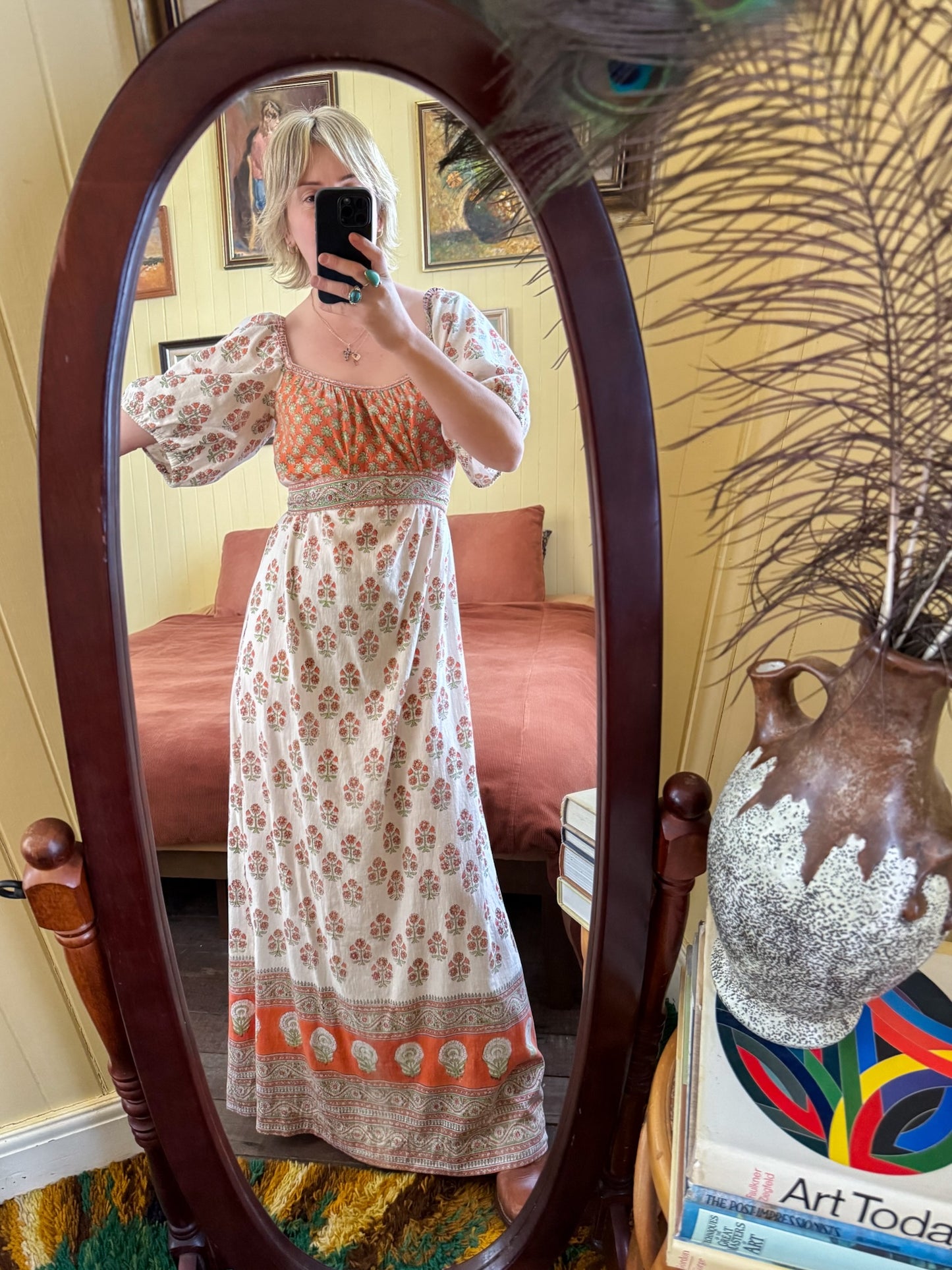 VINTAGE 1970S ANOKHI INDIAN COTTON BLOCK PRINT MAXI DRESS M/L
