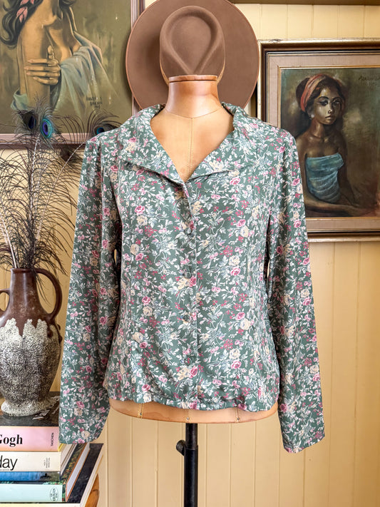 VINTAGE 1990S AUSTRALIAN LAURA ASHLEY VISCOSE BUTTON THROUGH FLORAL PRINT BLOUSE S/M