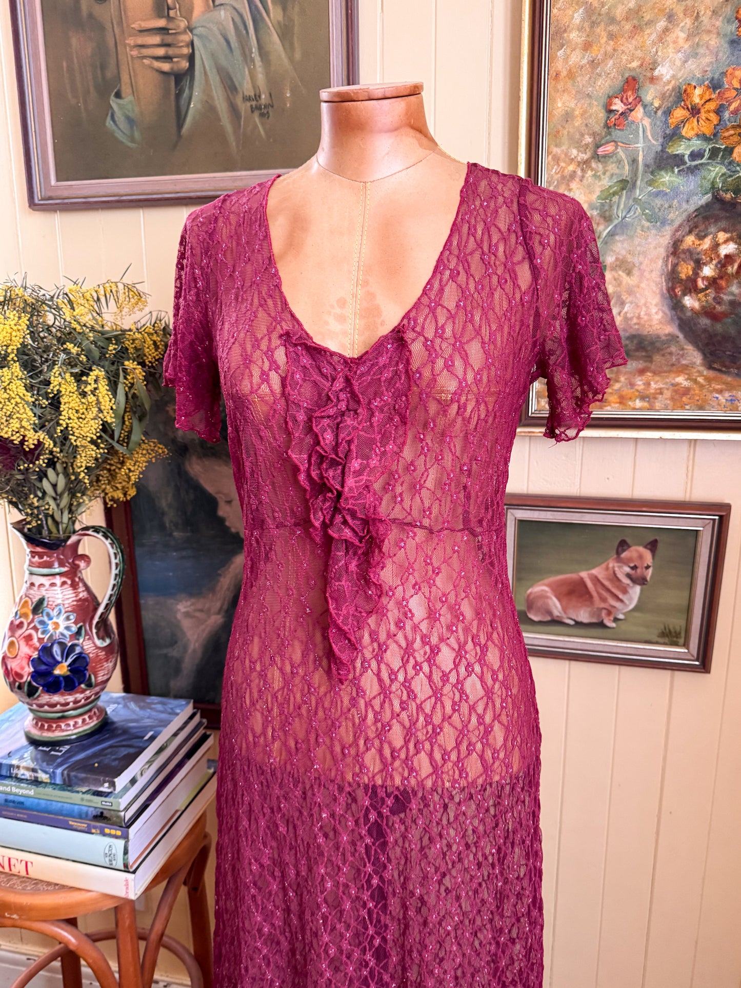VINTAGE 1990S SARAH-JANE SHEER LACE RUFFLE STRETCH MIDI DRESS S/M