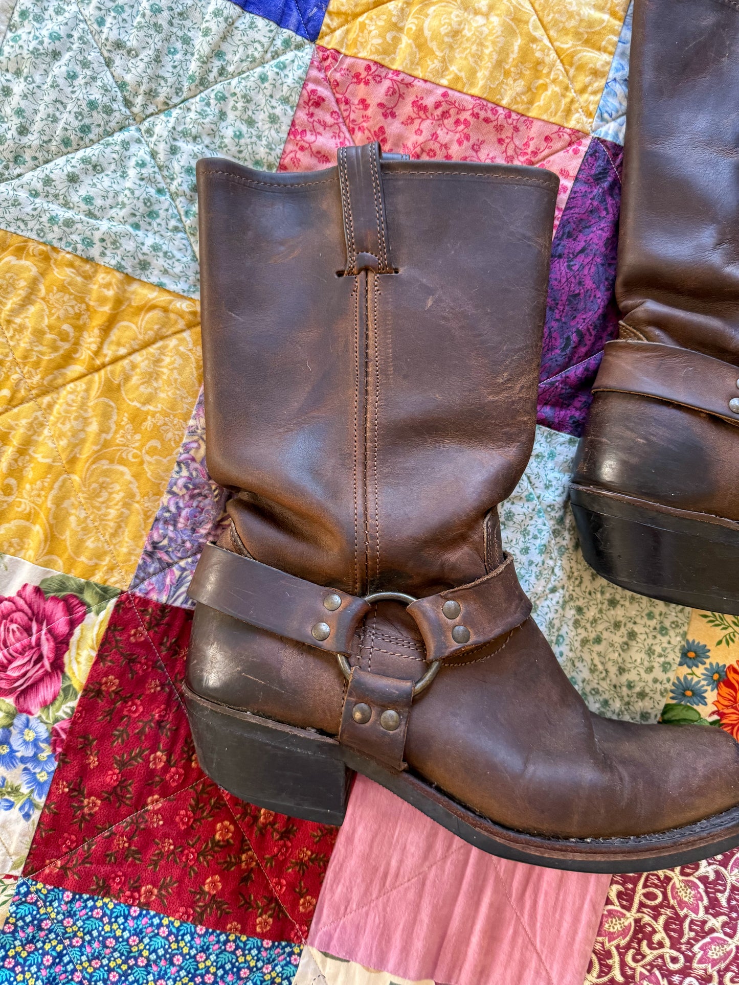 VINTAGE FRYE HARNESS DARK BROWN LEATHER BIKER CUBAN HEEL BOOTS 9/40