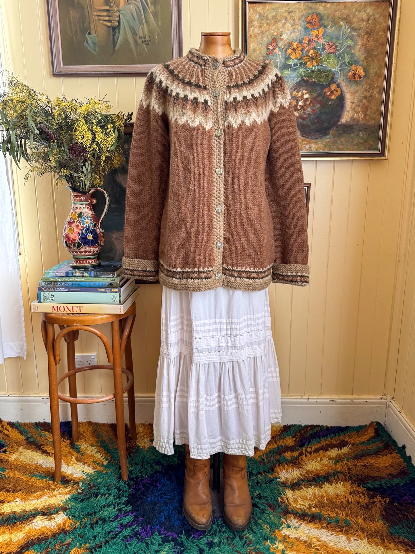VINTAGE SCOTTISH NORSAGA PURE NEW WOOL FAIRISLE HAND KNIT CARDIGAN JUMPER M