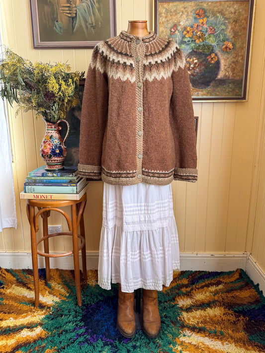 VINTAGE SCOTTISH NORSAGA PURE NEW WOOL FAIRISLE HAND KNIT CARDIGAN JUMPER M
