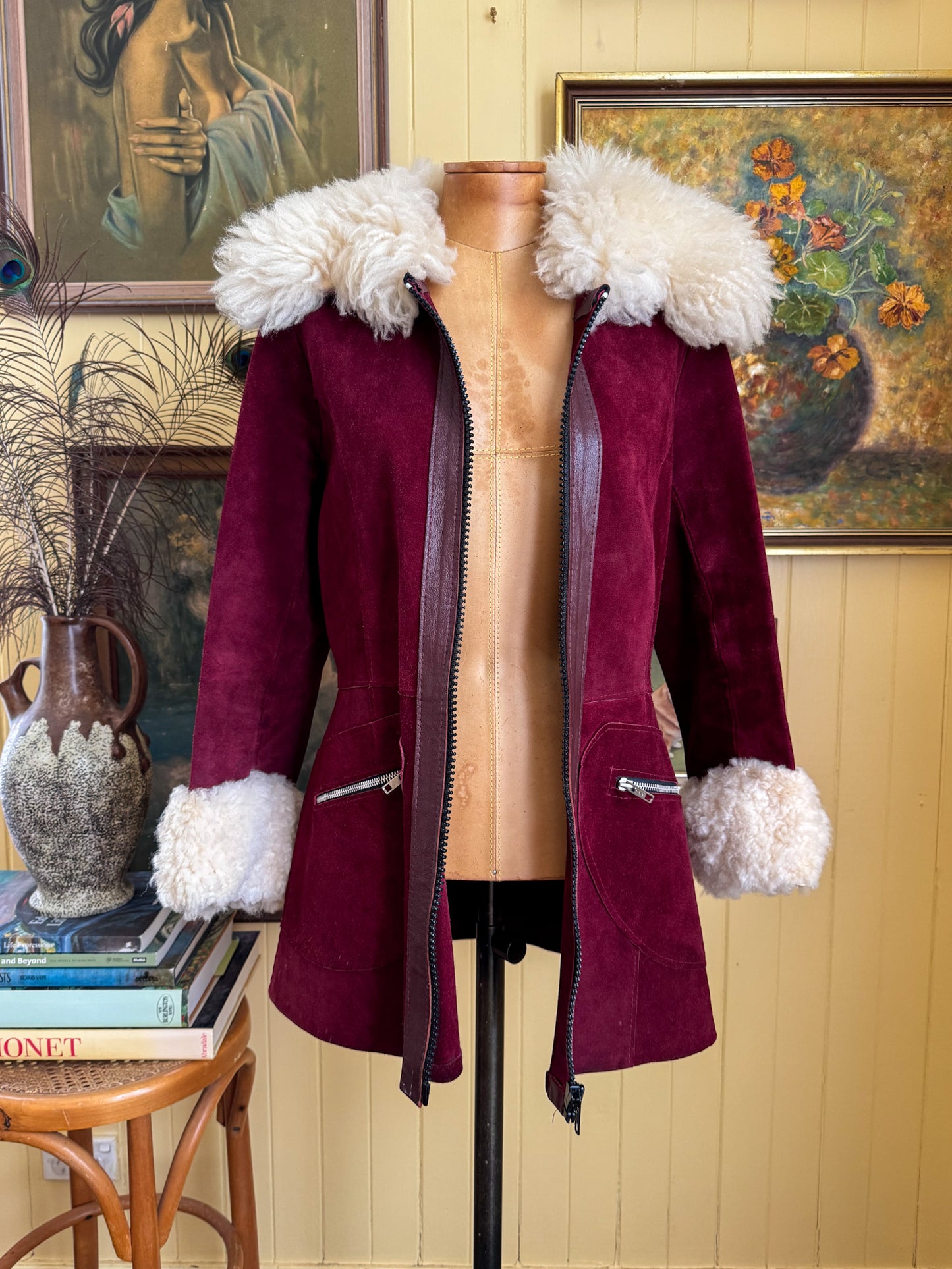 VINTAGE 1970S PLUM SUEDE LEATHER FLUFFY SHEARLING PENNY LANE JACKET S/M