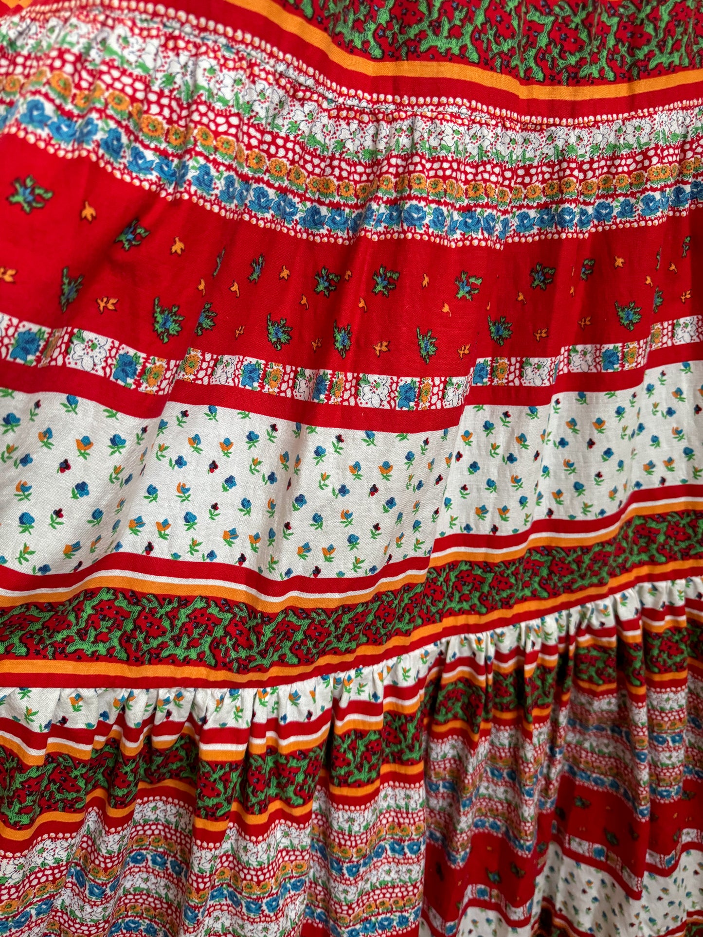 VINTAGE 1970S COTTON MIXED PRINT TIERED PEASANT MAXI SKIRT M