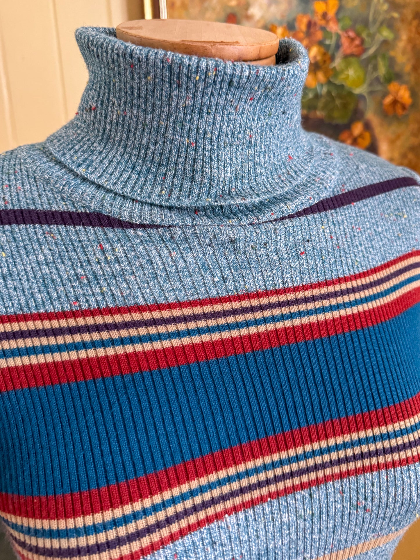 VINTAGE 1970S ITALIAN DAVID JONES WOOL BLEND KNIT ROLL NECK STRIPED SWEATER S/M