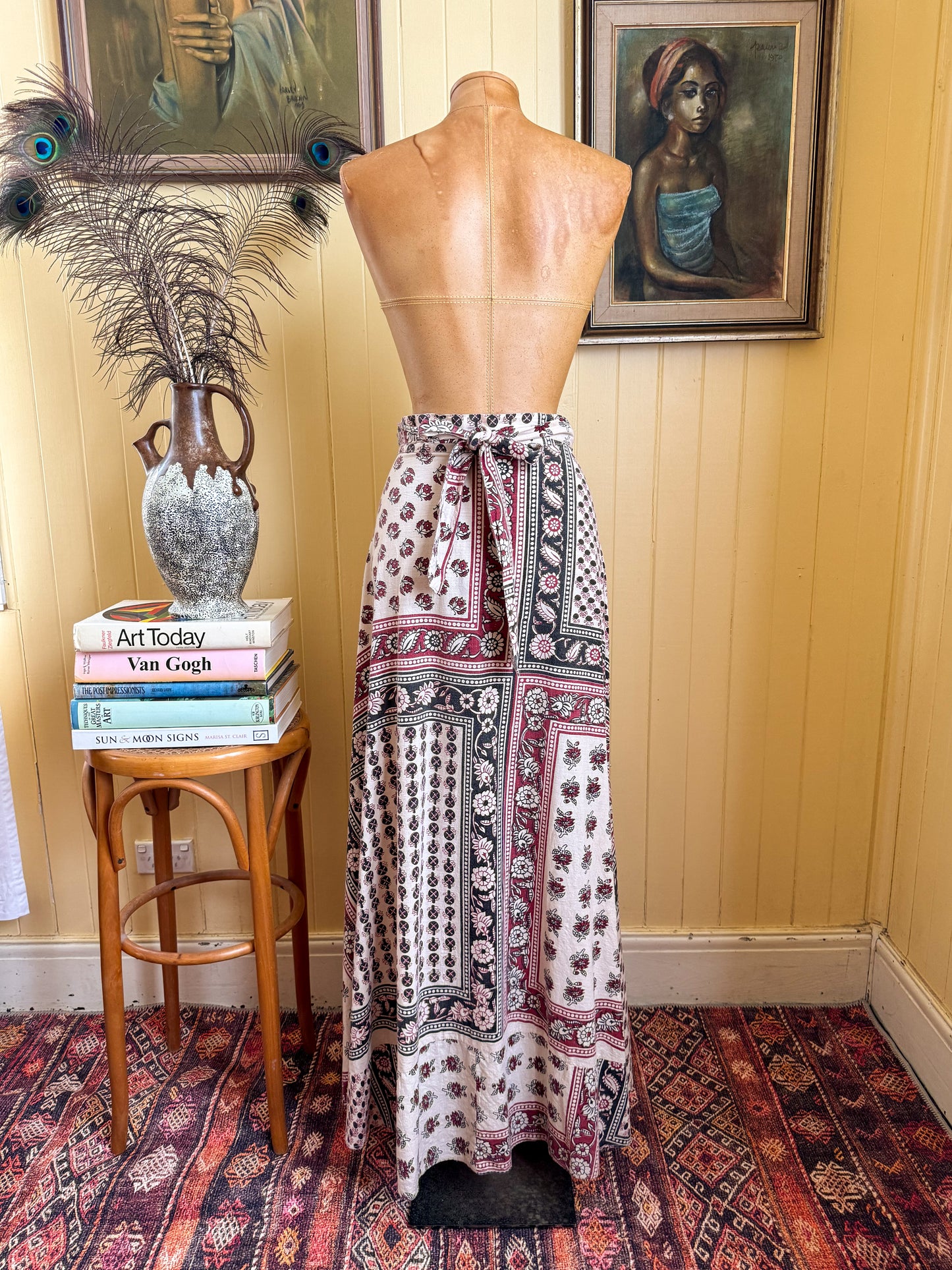 VINTAGE 1970S MR JOE INDIAN COTTON BLOCK PRINT WRAP MAXI SKIRT S/M