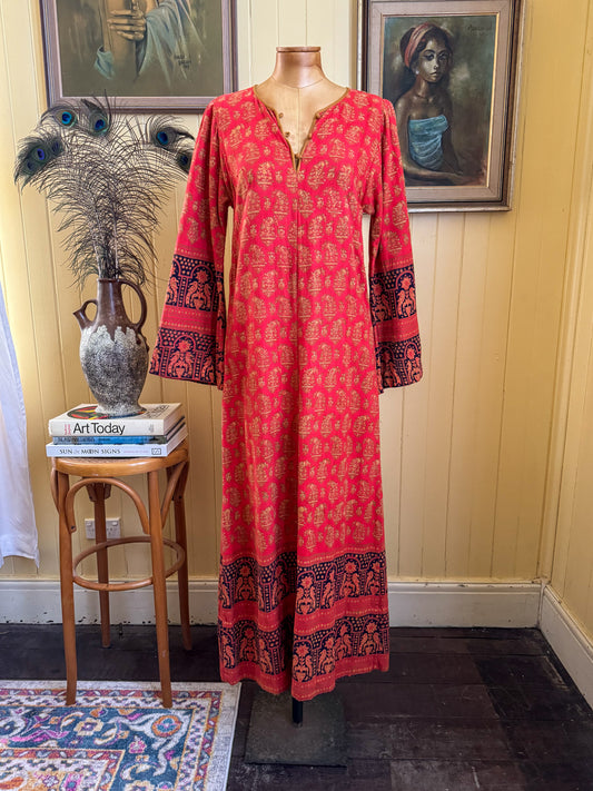 VINTAGE 1970S ANOKHI INDIAN COTTON BLOCK PRINTED MAXI KAFTAN S/M