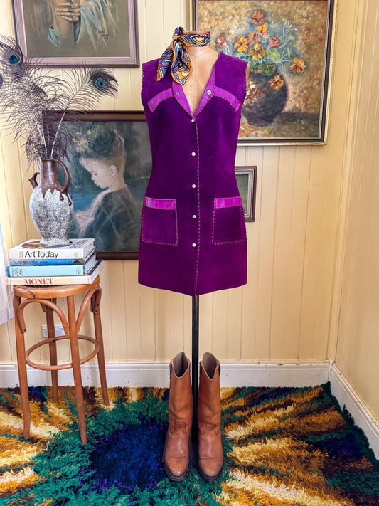 VINTAGE 1970S PURPLE SUEDE LEATHER LONGLINE VEST MINI DRESS XS/S