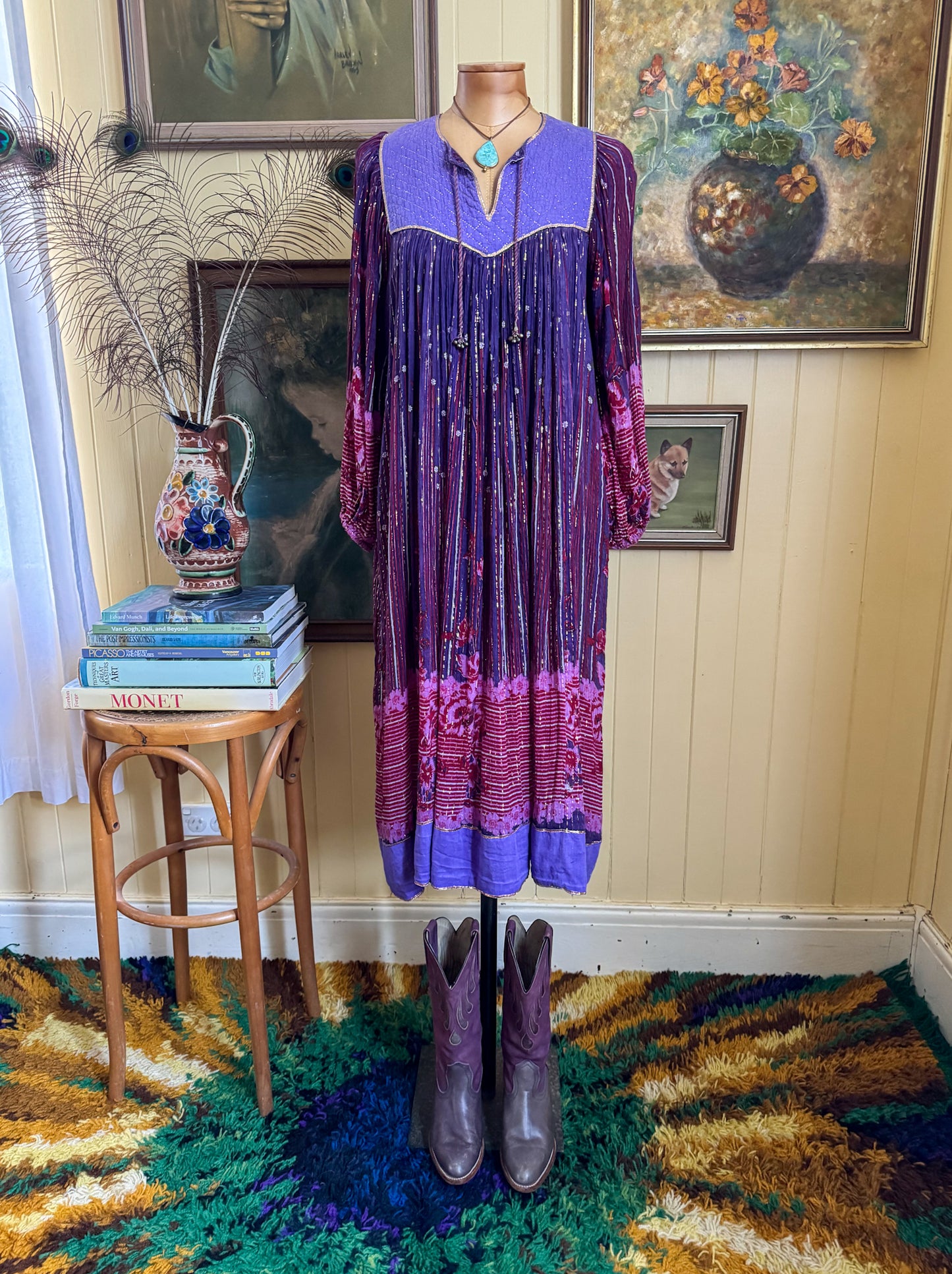 VINTAGE 1970S INDIAN COTTON GAUZE BLOCK PRINT LUREX MIDI DRESS S/M