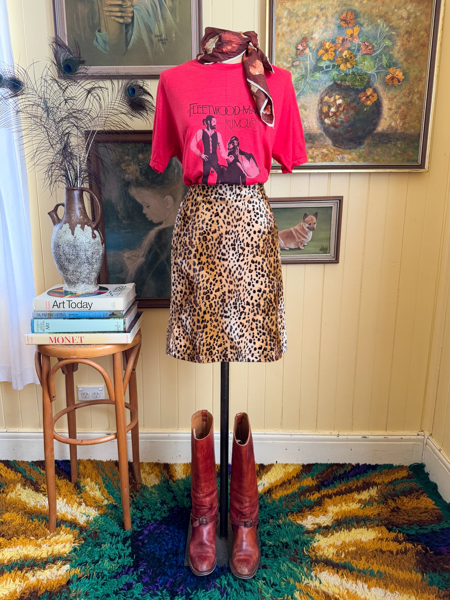 VINTAGE 1990S PAISLEY PARK LEOPARD FAUX FUR LEOPARD FITTED SKIRT M