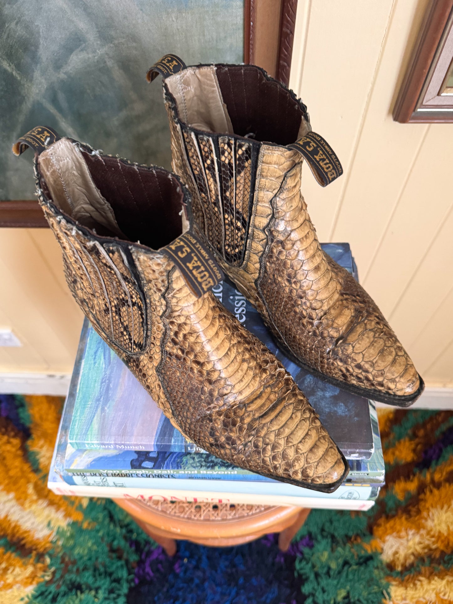 VINTAGE LA GRAN BOTA MEXICAN EXOTIC PYTHON SNAKESKIN LEATHER WESTERN ANKLE BOOTS 9.5/10