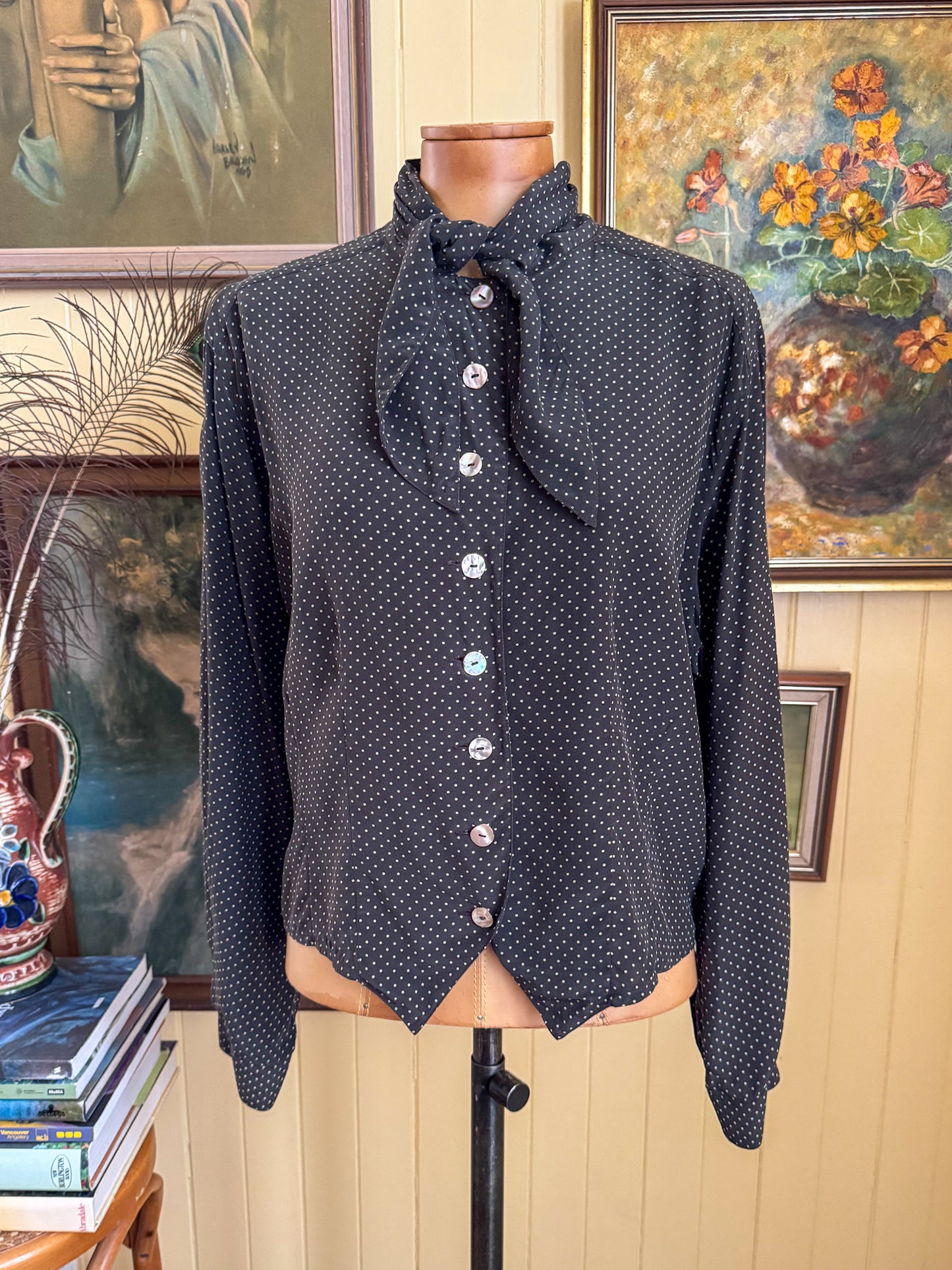 VINTAGE 1990S GERMAN SILK BUTTON THROUGH POLKA DOT BLOUSE M