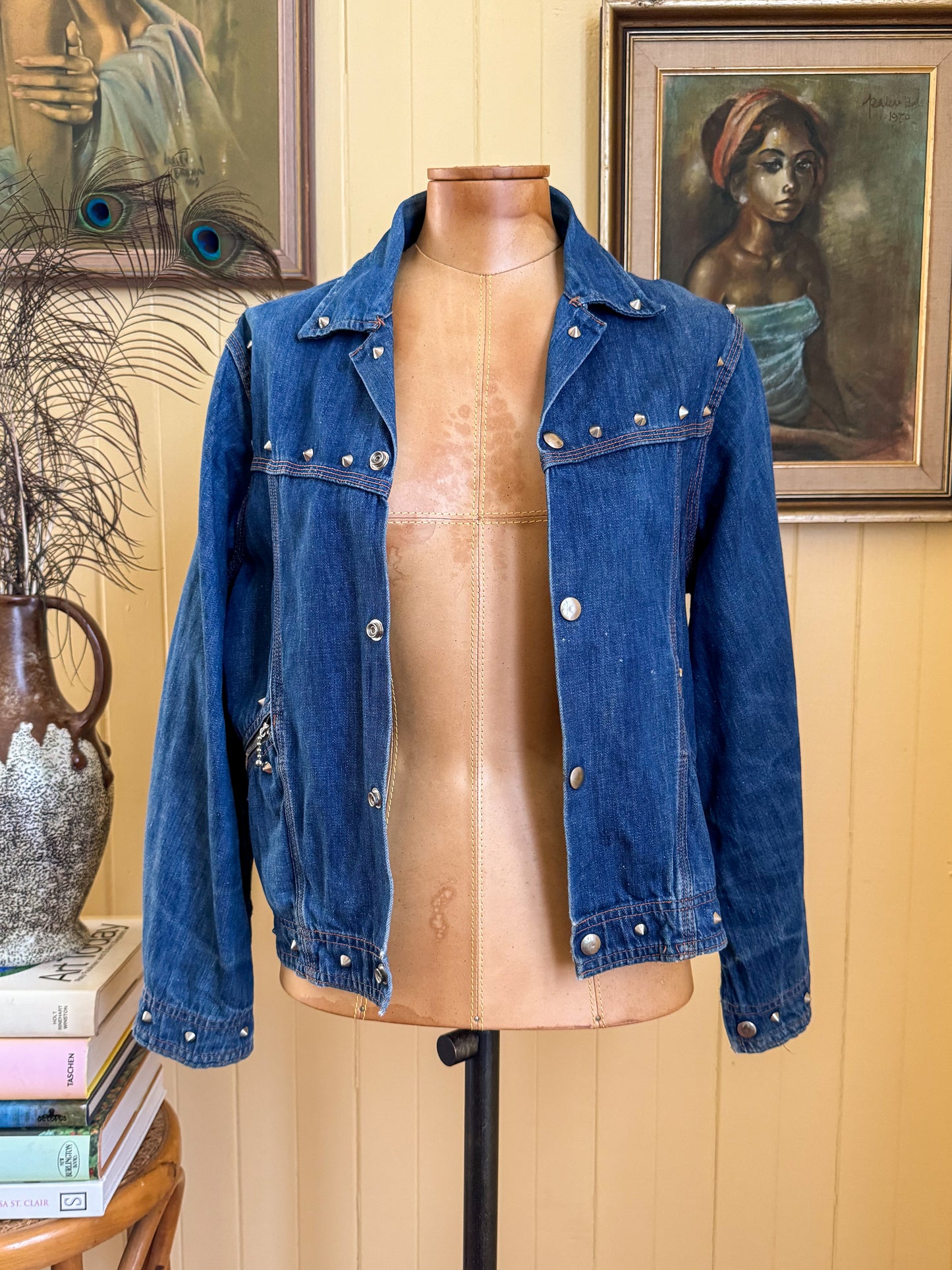 VINTAGE 1970S AMCO COTTON DENIM STUDDED CROPPED JACKET S