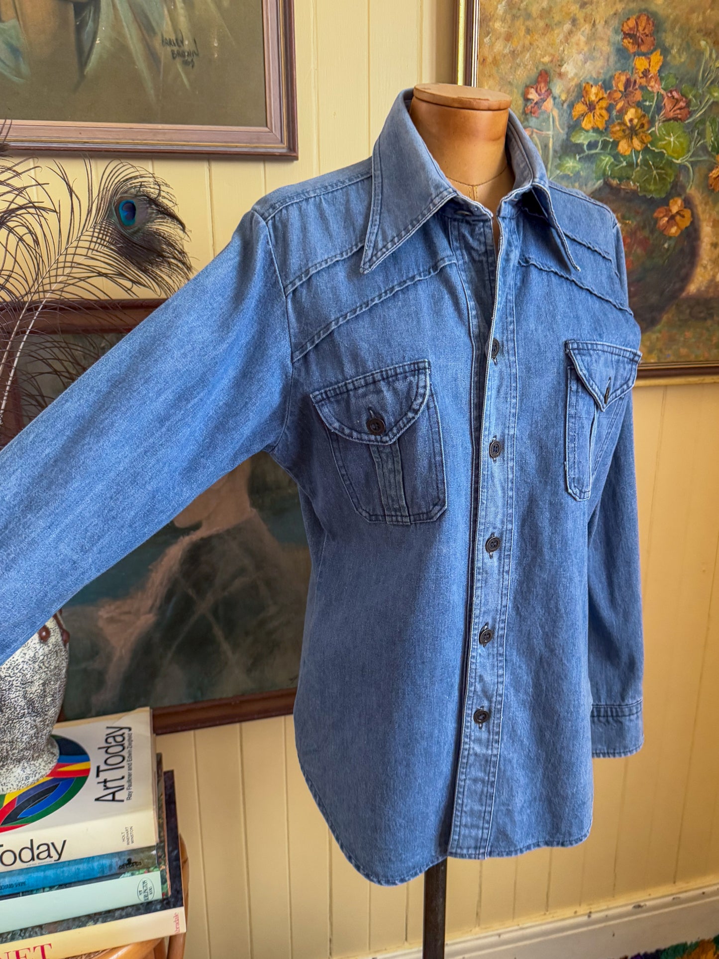 VINTAGE 1970S AMCO COTTON DENIM PATCH POCKET SHIRT JACKET M
