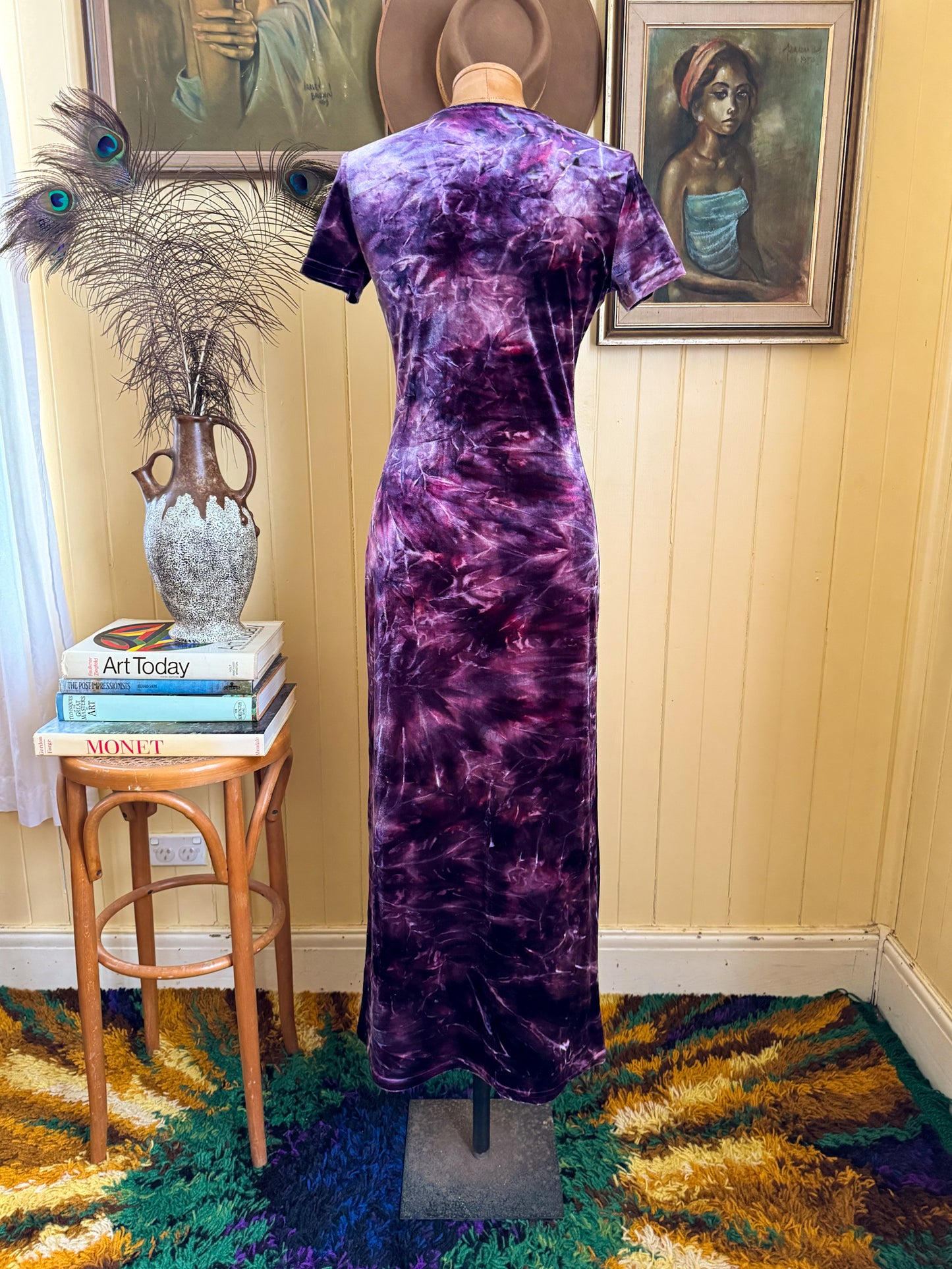 VINTAGE 1990S SINEQUANONE PARIS VELVET TIE DYE MAXI DRESS S