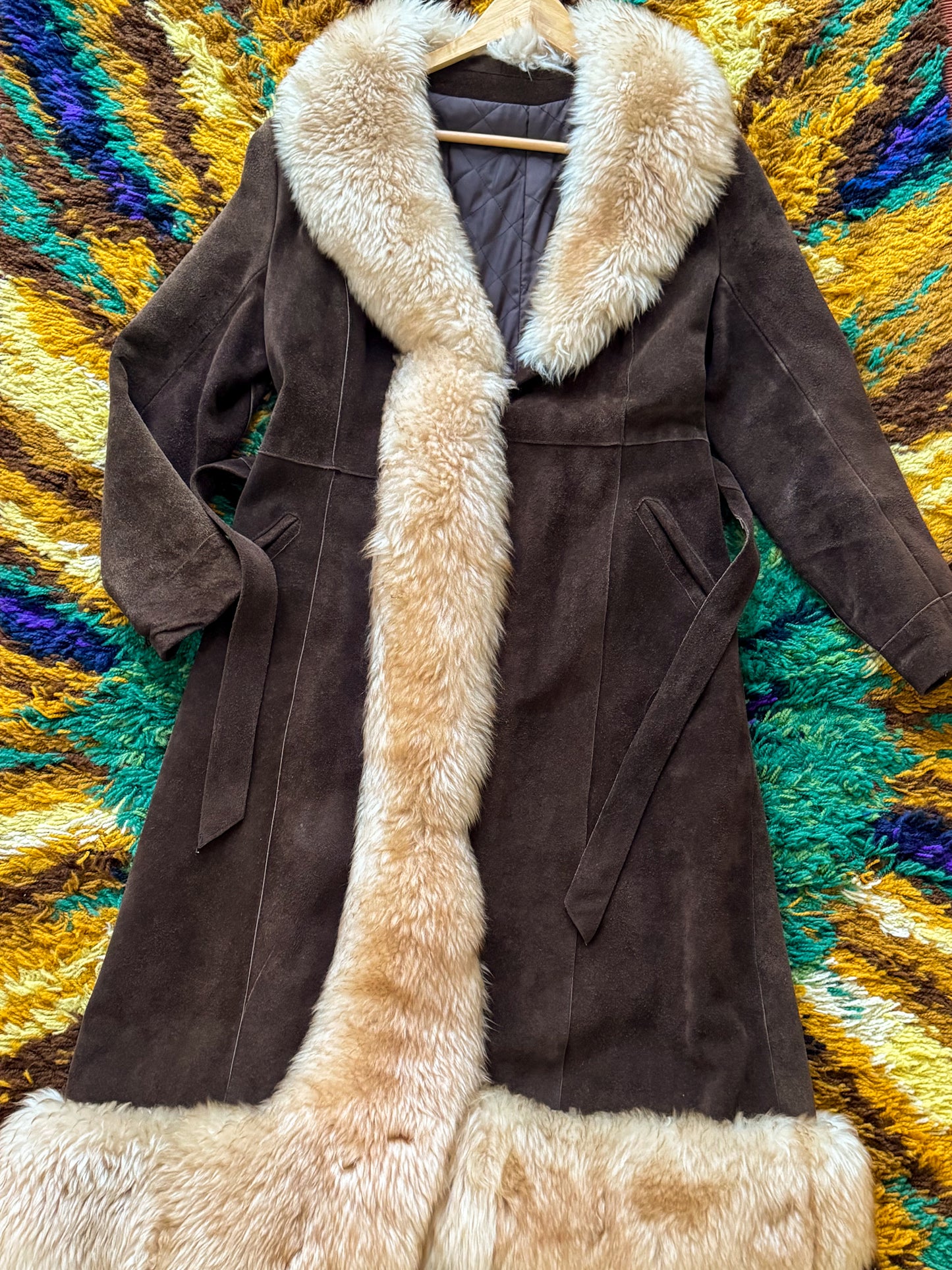 VINTAGE 1970S CHOCOLATE BROWN SUEDE LEATHER LONGLINE PENNY LANE SHEARLING COAT S