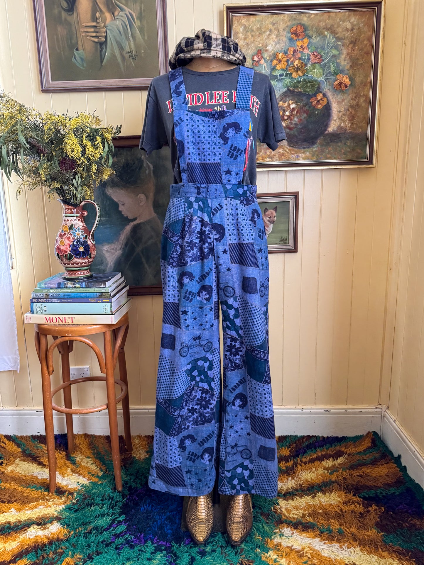 VINTAGE 1970S TRIKKELS COTTON DENIM NOVELTY PRINT WIDE LEG DUNGAREES OVERALLS S/M