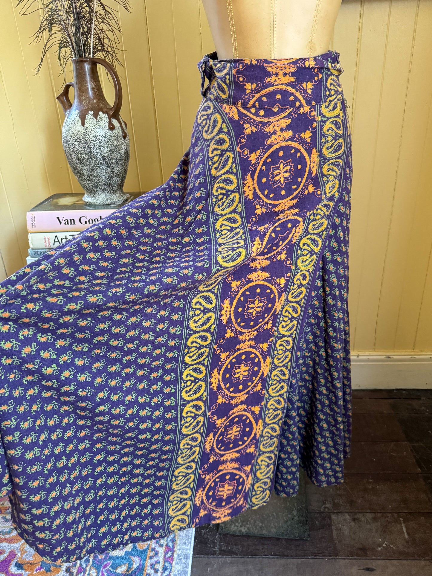 VINTAGE 1970S INDIAN COTTON BLOCK PRINT WRAP MAXI SKIRT S/M