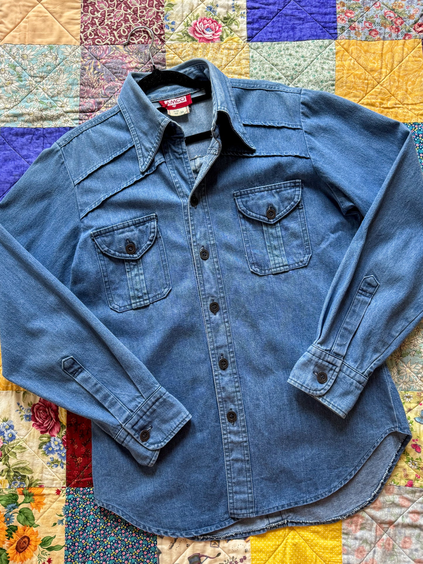 VINTAGE 1970S AMCO COTTON DENIM PATCH POCKET SHIRT JACKET S/M