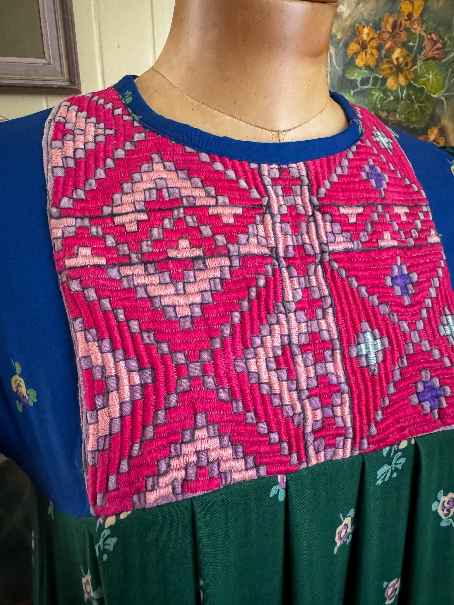 VINTAGE 1970S RAYON FLORAL PRINT EMBROIDERED BIB FOLK MAXI DRESS S/M