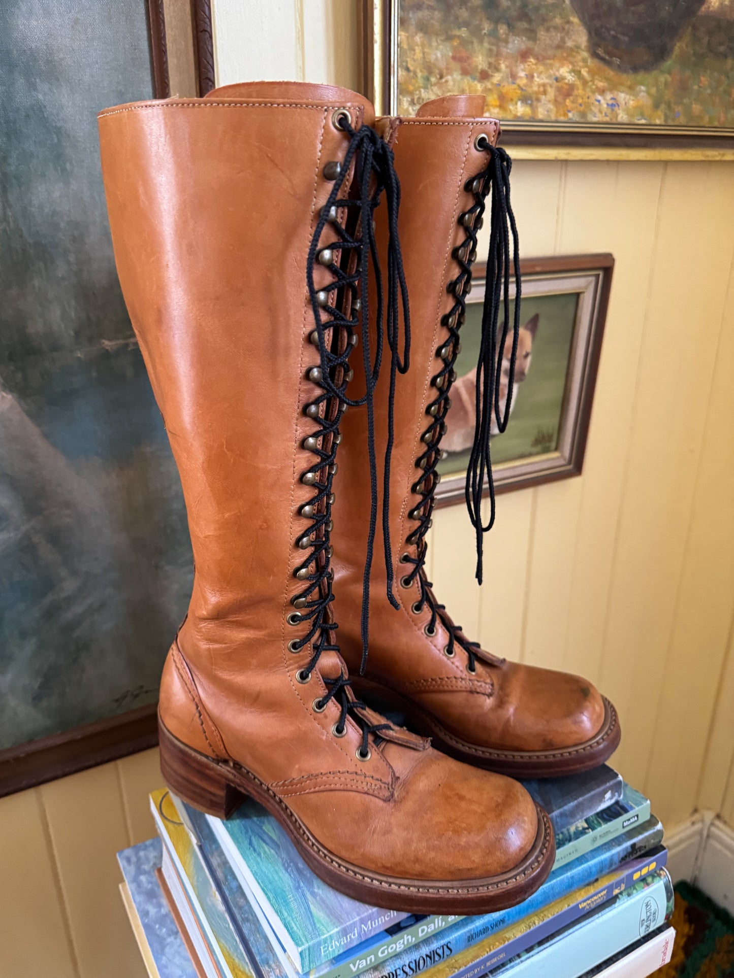 VINTAGE BORT CARLETON CAMPUS LEATHER KNEE HIGH LACE UP BOOTS 7.5/38