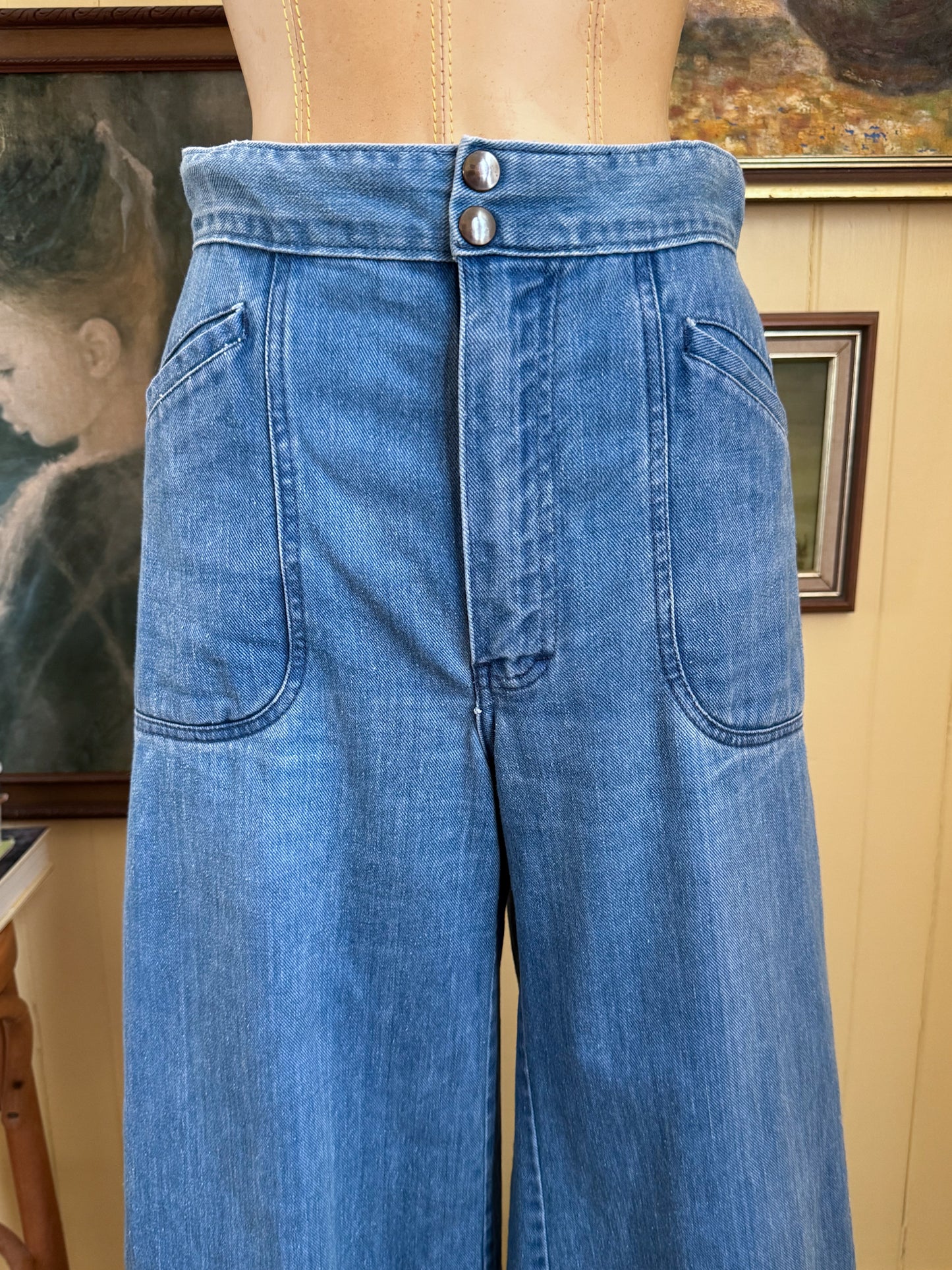 VINTAGE 1970S STATUS WIDE LEG HIGH WAIST DENIM JEANS S/M