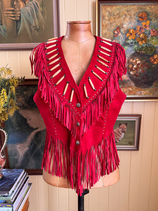 VINTAGE 1990S USA FREEDOM SUEDE LEATHER FRINGED BONE DETAIL WESTERN VEST M
