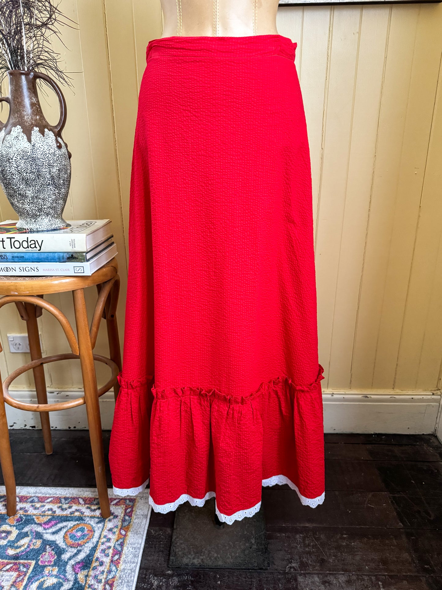 VINTAGE 1970S SALLY BROWNE SEERSUCKER COTTON MAXI SKIRT S