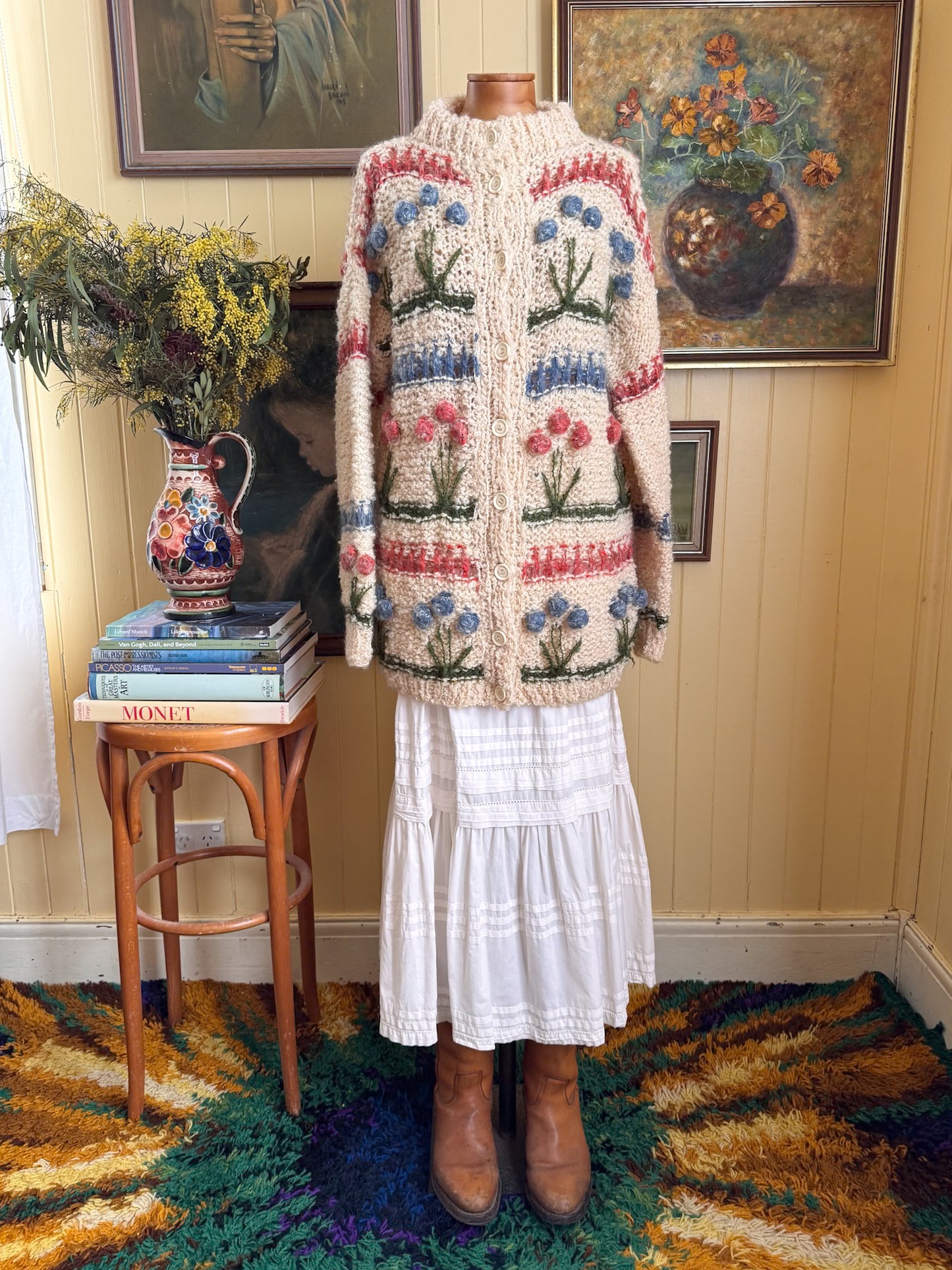 VINTAGE 1990S ENGLISH OLIVIA PAUL HAND KNITTED WOOL MOTIF CARDIGAN COAT M