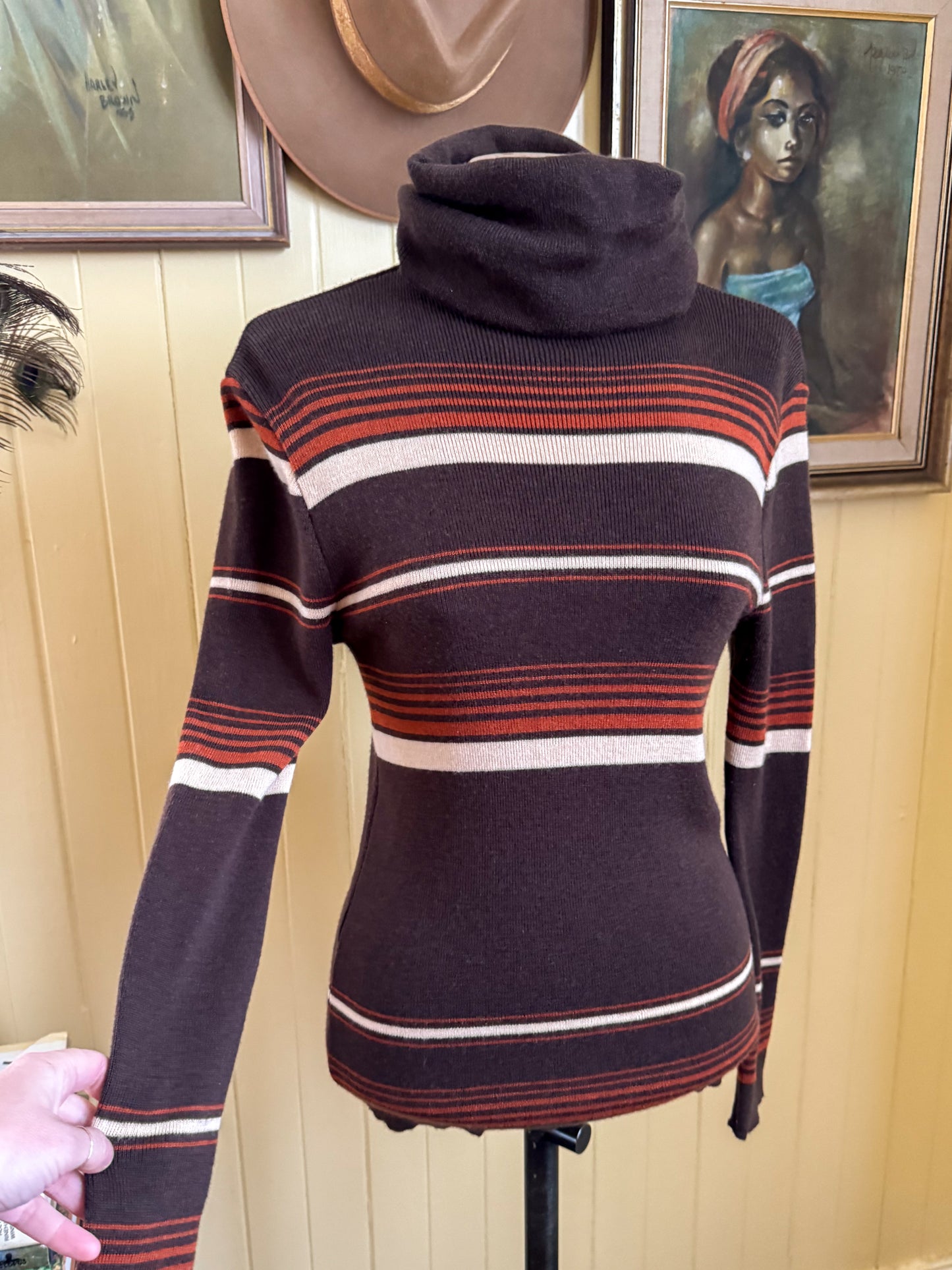 VINTAGE 1970S SPORTSCRAFT WOOLLEN KNIT ROLL NECK STRIPED JUMPER M/L