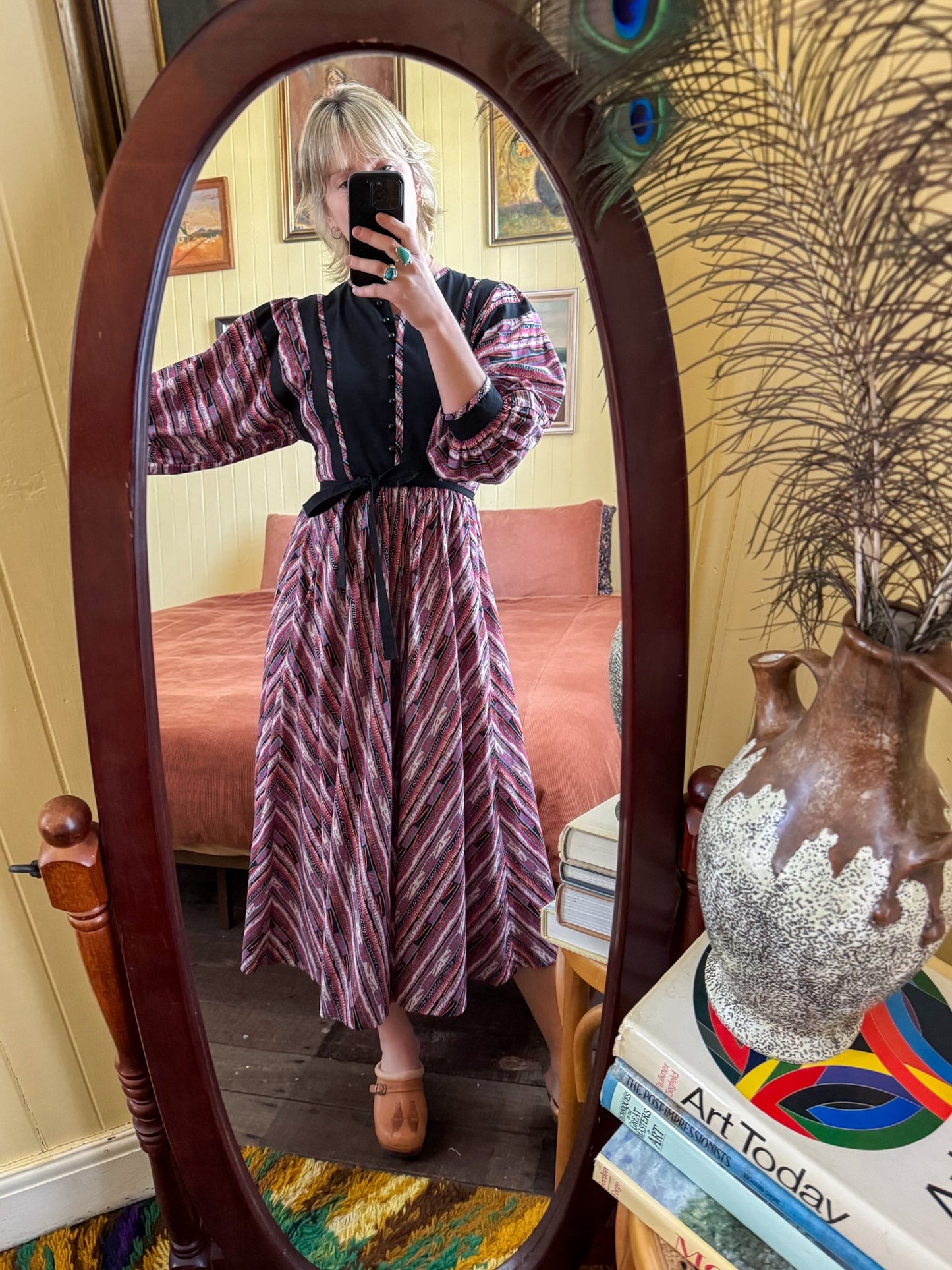 VINTAGE 1970S ORIGIN BY LIBERTY COTTON GEO PRINT BALLOON SLEEVE PRAIRIE DRESS S