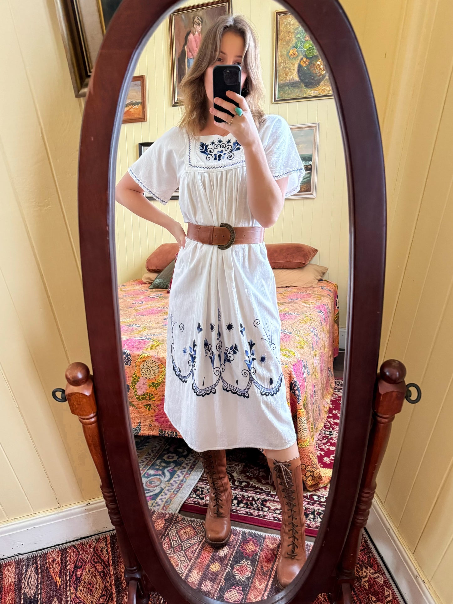 VINTAGE 1980S COTTON EMBROIDERED MIDI PEASANT DRESS M