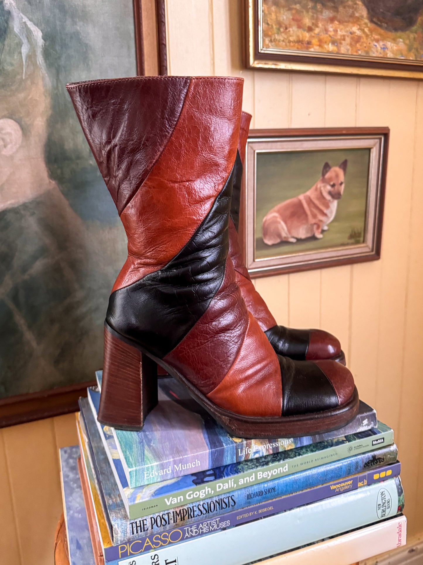 VINTAGE 1990S PATCHWORK LEATHER PLATFORM BLOCK HEELED BOOTS 8.5/39