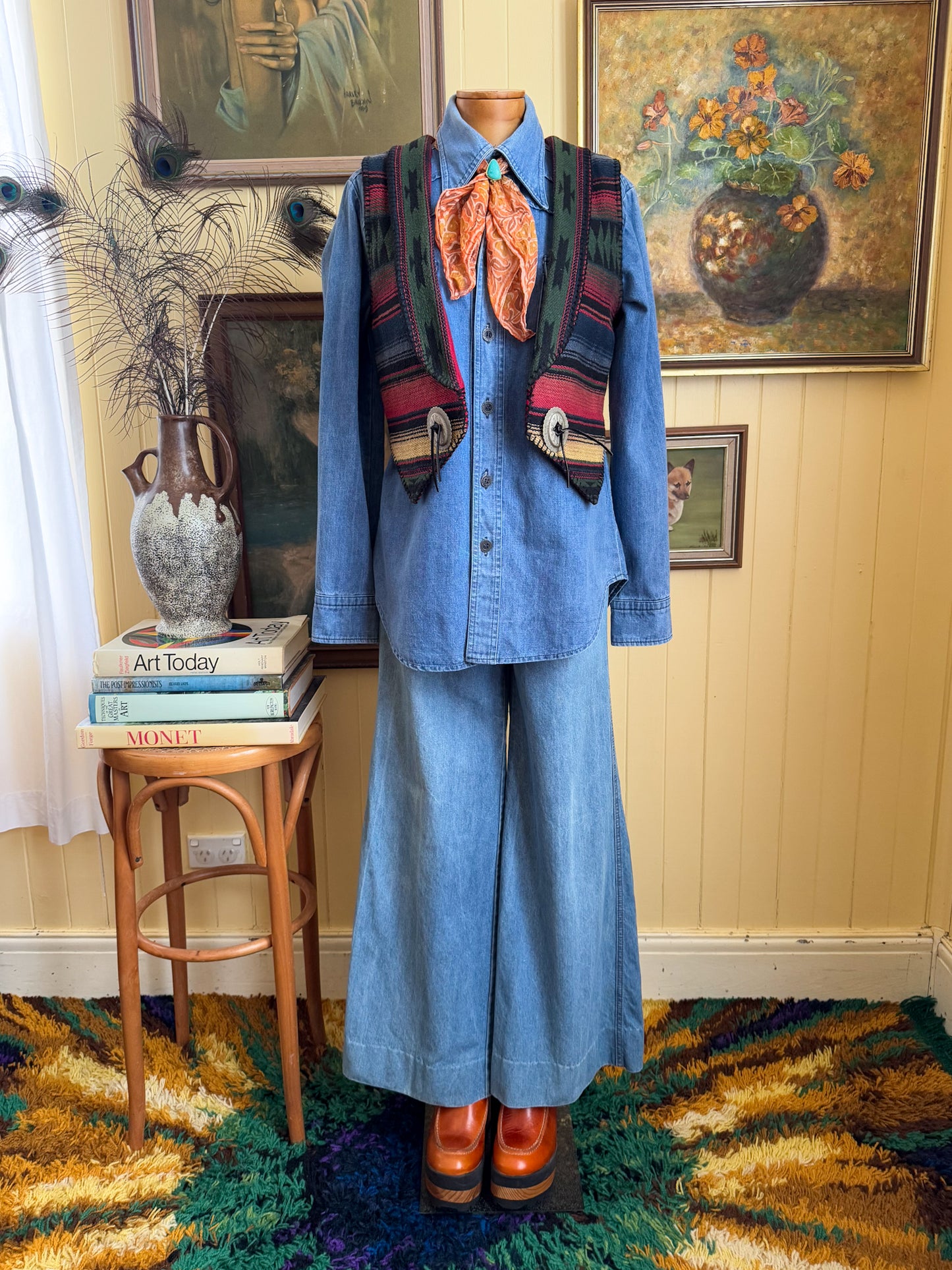 VINTAGE 1980S AMERICAN SHARON YOUNG COTTON SERAPE WOVEN CONCHO VEST S