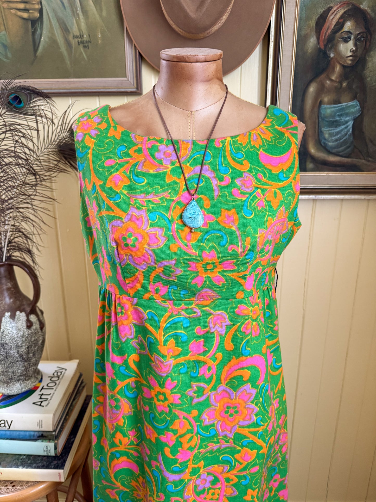 VINTAGE 1970S HANDMADE COTTON PSYCHEDELIC FLORAL PRINT COLUMN MAXI DRESS M